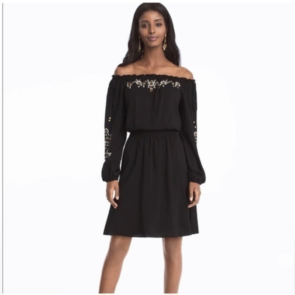 White House Black Market OffThe-Shoulder Embroidered Black Blouson Dress | small